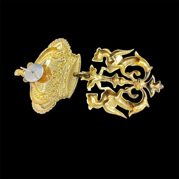 Bejeweled Gold Tone Crown Dangle Pierced Earrings Large Colorful Rhinestone - Picture 3 of 4